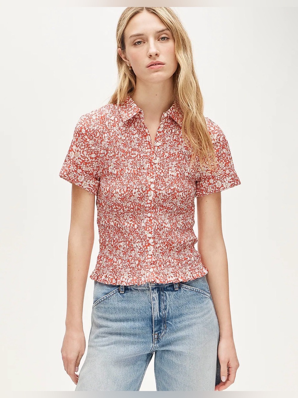 J. Crew Smocked Button-up Shirt Short Sleeve Liberty®Lizzy Red Fabric Sz M $168 - Picture 8 of 9